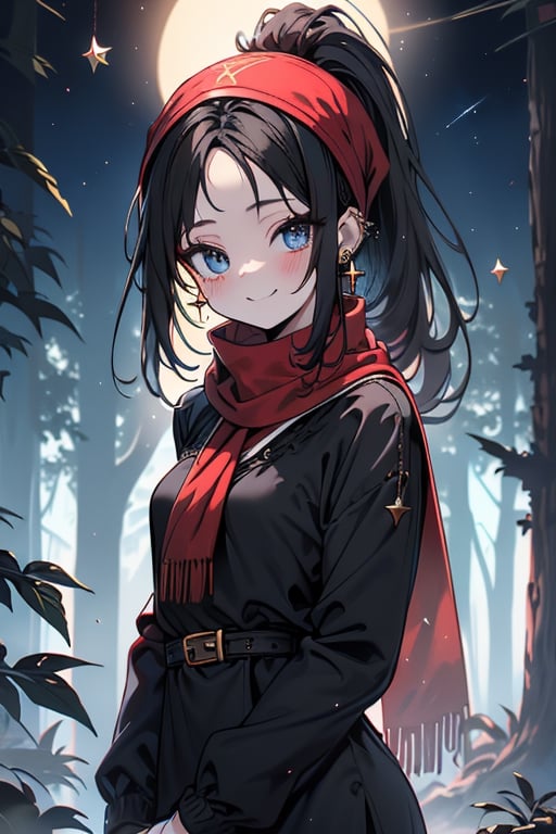 black hair, blue eyes, light red English dress with black edges, a red scarf with gold stripes, the edges have small golden touches, friendly face, a black lycra that covers her entire body, headscarf, killer, happy smile, bangs, in the forest at night, masterpiece, star earrings, detailed, high quality, absurd, the strongest human of all, bringer of the world's hope, hair in ponytail
