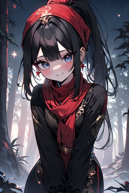 black hair, blue eyes, light red qipao with black edges, a red scarf with gold stripes, the edges have small touches of gold, friendly face, a black spandex that covers her entire body, headscarf, killer, happy smile, bangs , in the forest at night, masterpiece, star earrings, detailed, high quality, absurd, the strongest human of all, bringer of the world's hope, hair in ponytail.
