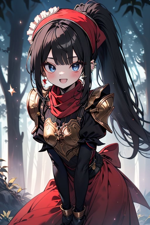 black hair, blue eyes, light red maid outfit with black edges, a red scarf with gold stripes, the edges have small golden touches, friendly face, a black spandex that covers her entire body, headscarf, killer, happy smile , bangs, in the forest at night, masterpiece, star earrings, detailed, high quality, absurd, the strongest human of all, bringer of the world's hope, hair in ponytail,Full armor, black breastplate.