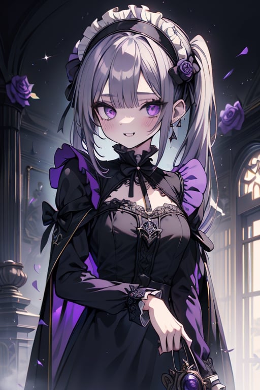 a puppet, a woman with a small body, teenager, gray hair, smiling, black rose patch on her left eye, very elegant black dress from the Victorian era, purple eyes, perfect face, happy, yandere, psychopath, corrodia, hive mind semi-central, small breasts, masterpiece, very good quality, excellent quality, loli, small body,loli,young man, 
 gothic,sculptor of souls,two long pigtails in her hair,maid headband,purple cape
