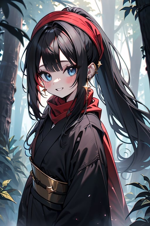 black hair, blue eyes, Kimono
 outfit with black edges, a red scarf with gold stripes, the edges have small golden touches, friendly face, a black spandex that covers her entire body, headscarf, killer, happy smile , bangs, in the forest at night, masterpiece, star earrings, detailed, high quality, absurd, the strongest human of all, bringer of the world's hope, hair in ponytail.