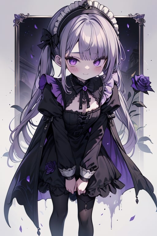 a puppet, a woman with a small body, teenager, gray hair, smiling, black rose patch on her left eye, very elegant black dress from the Victorian era, purple eyes, perfect face, happy, yandere, psychopath, corrodia, hive mind semi-central, small breasts, masterpiece, very good quality, excellent quality, loli, small body,loli,young man, 
 gothic,sculptor of souls,two long pigtails in her hair,maid headband,purple cape
