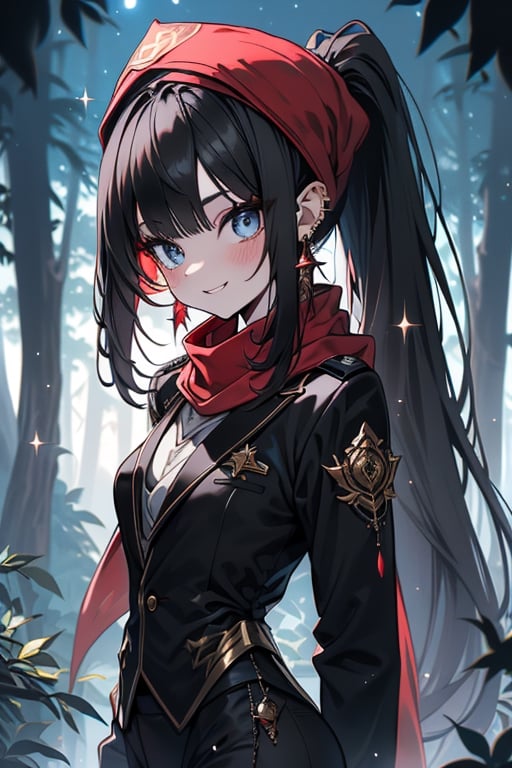 black hair, blue eyes,black guard suit
 outfit with black edges, a red scarf with gold stripes, the edges have small golden touches, friendly face, a black spandex that covers her entire body, headscarf, killer, happy smile , bangs, in the forest at night, masterpiece, star earrings, detailed, high quality, absurd, the strongest human of all, bringer of the world's hope, hair in ponytail.