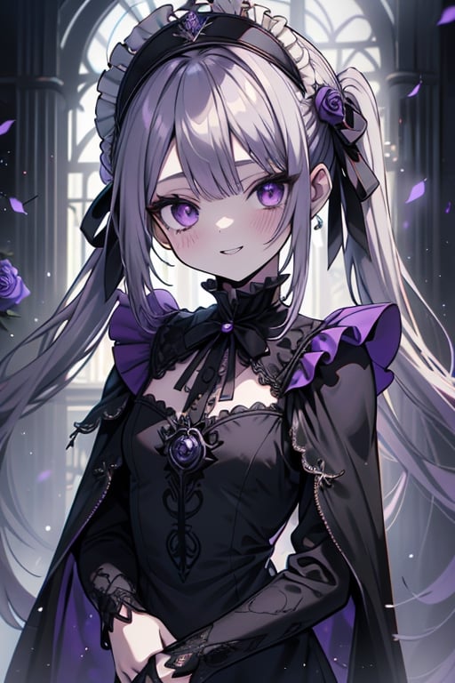 a puppet, a woman with a small body, teenager, gray hair, smiling, black rose patch on her left eye, very elegant black dress from the Victorian era, purple eyes, perfect face, happy, yandere, psychopath, corrodia, hive mind semi-central, small breasts, masterpiece, very good quality, excellent quality, loli, small body,loli,young man, 
 gothic,sculptor of souls,two long pigtails in her hair,maid headband,purple cape
