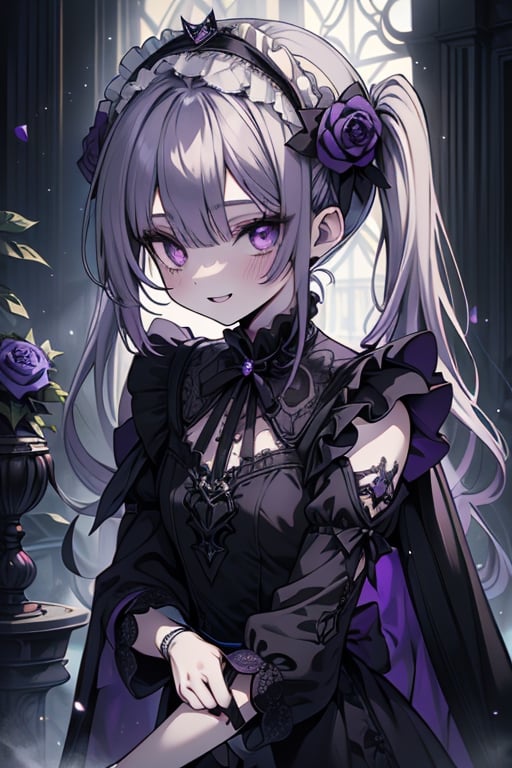 a puppet, a woman with a small body, teenager, gray hair, smiling, black rose patch on her left eye, very elegant black dress from the Victorian era, purple eyes, perfect face, happy, yandere, psychopath, corrodia, hive mind semi-central, small breasts, masterpiece, very good quality, excellent quality, loli, small body,loli,young man, 
 gothic,sculptor of souls,two long pigtails in her hair,maid headband,purple cape
