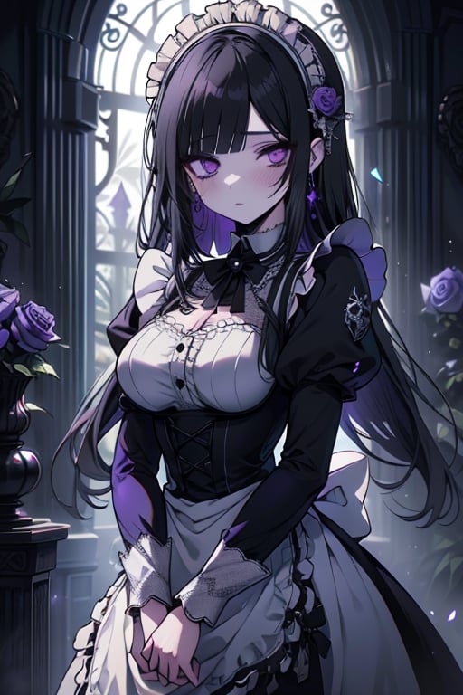 a puppet, a woman with a tall body, black hair, empty eyes, black rose patch on the left eye, maid outfit, purple eyes, perfect face, yandere, psychopath, corrodia, semi-central hive mind, medium breasts, masterpiece, very good quality, excellent quality, young,
 gothic, sculptor of souls, long hair, maid's headband, expressionless, lifeless.
