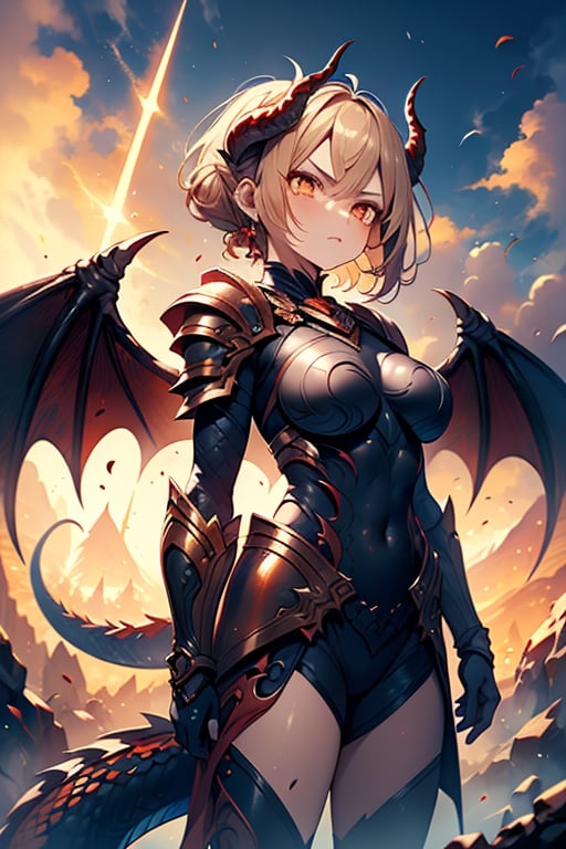 dragon wings, scaly skin, bright blonde hair, arrogant, serious, powerful, mother of the Yuumil, goddess of order, strongest dragon goddess, proud, goat horns, red horns, dragon hands, dragon legs, covered body by scales, armor, short hair, big wings, dragonborn, goddess of order and battles, masterpiece, detailed, high quality, absurd, very high resolution, good quality image, high definition, serious face, annoying, warrior, Order ,good quality eyes, high resolution eyes, defined eyes, sharp eyes, orange eyes, armor that covers everything,face with good resolution,breast armor,orange armor,hair up with braids,dragon tail,over the sun, sword of order with a orange glow, radiant figure,magma armor.
