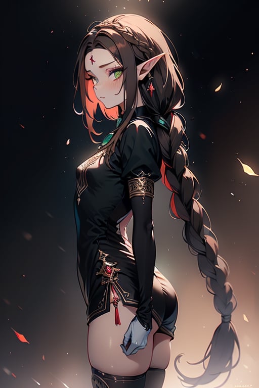 pointy ears,nobility dress, elegant, shorts, black tunic, green eyes, long hair with braids, boring eyes, serious, brown hair, masterpiece, good quality, very good quality, ancient princess, assassin, without hair bangs, high forehead, pure blood elf, noble, tall figure, woman with a proud attitude,small breasts, thin, small butt,black gloves, black pantyhouse.

,frieren