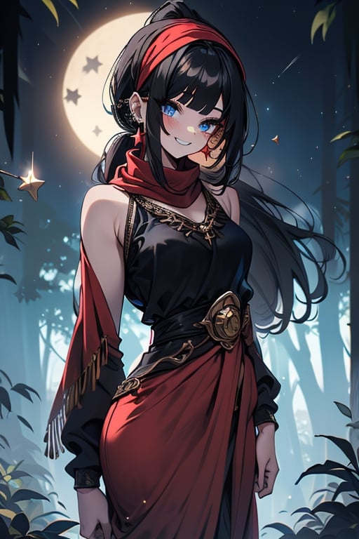 black hair, blue eyes, sari
 outfit with black edges, a red scarf with gold stripes, the edges have small golden touches, friendly face, a black spandex that covers her entire body, headscarf, killer, happy smile , bangs, in the forest at night, masterpiece, star earrings, detailed, high quality, absurd, the strongest human of all, bringer of the world's hope, hair in ponytail.