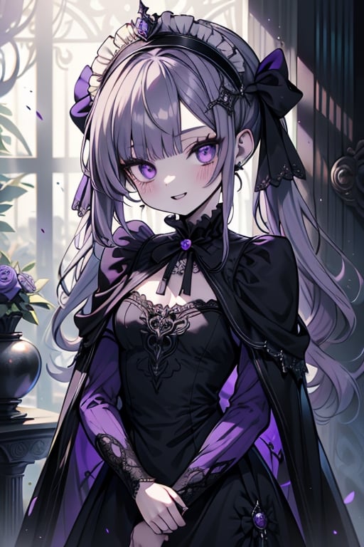 a puppet, a woman with a small body, teenager, gray hair, smiling, black rose patch on her left eye, very elegant black dress from the Victorian era, purple eyes, perfect face, happy, yandere, psychopath, corrodia, hive mind semi-central, small breasts, masterpiece, very good quality, excellent quality, loli, small body,loli,young man, 
 gothic,sculptor of souls,two long pigtails in her hair,maid headband,purple cape
