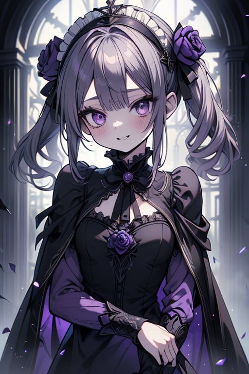 a puppet, a woman with a small body, teenager, gray hair, smiling, black rose patch on her left eye, very elegant black dress from the Victorian era, purple eyes, perfect face, happy, yandere, psychopath, corrodia, hive mind semi-central, small breasts, masterpiece, very good quality, excellent quality, loli, small body,loli,young man, 
 gothic,sculptor of souls,two long pigtails in her hair,maid headband,purple cape
