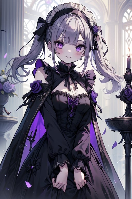 a puppet, a woman with a small body, teenager, gray hair, smiling, black rose patch on her left eye, very elegant black dress from the Victorian era, purple eyes, perfect face, happy, yandere, psychopath, corrodia, hive mind semi-central, small breasts, masterpiece, very good quality, excellent quality, loli, small body,loli,young man, 
 gothic,sculptor of souls,two long pigtails in her hair,maid headband,purple cape
