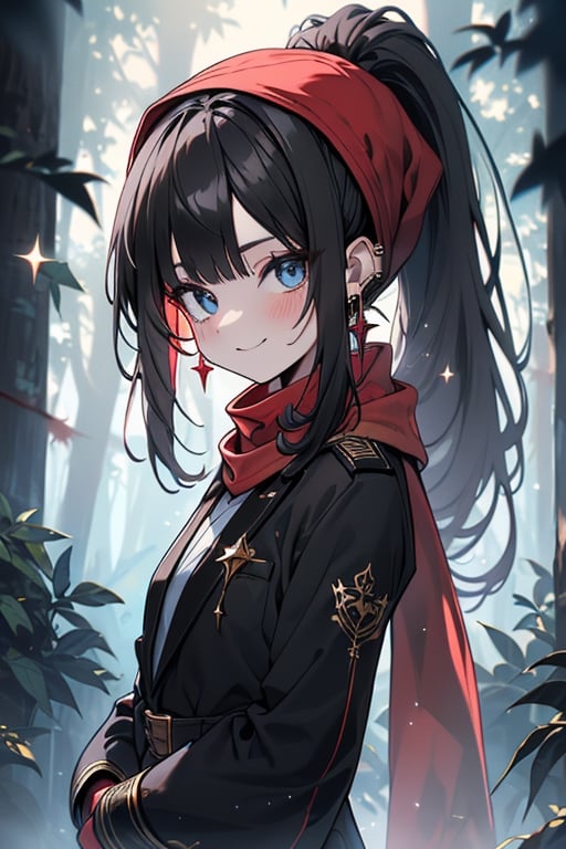 black hair, blue eyes,black guard suit
 outfit with black edges, a red scarf with gold stripes, the edges have small golden touches, friendly face, a black spandex that covers her entire body, headscarf, killer, happy smile , bangs, in the forest at night, masterpiece, star earrings, detailed, high quality, absurd, the strongest human of all, bringer of the world's hope, hair in ponytail.