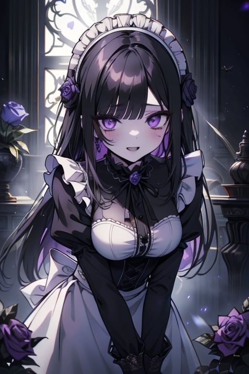 a puppet, a woman with a tall body, black hair, empty eyes, black rose patch on the left eye, maid outfit, purple eyes, perfect face, happy, yandere, psychopath, corrodia, semi-central hive mind, medium breasts, artwork teacher, very good quality, excellent quality, young,
 gothic, soul sculptor, long hair, maid headband.

