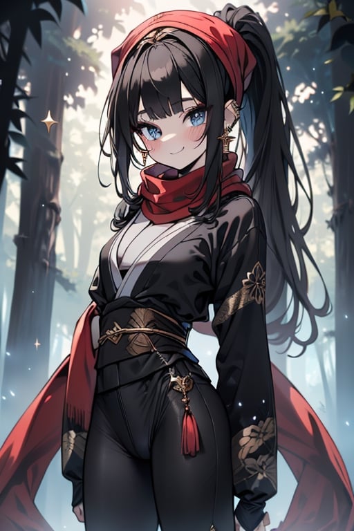 black hair, blue eyes, white Kimono
 outfit with black edges, a red scarf with gold stripes, the edges have small golden touches, friendly face, a black spandex that covers her entire body, headscarf, killer, happy smile , bangs, in the forest at night, masterpiece, star earrings, detailed, high quality, absurd, the strongest human of all, bringer of the world's hope, hair in ponytail,black lycra.