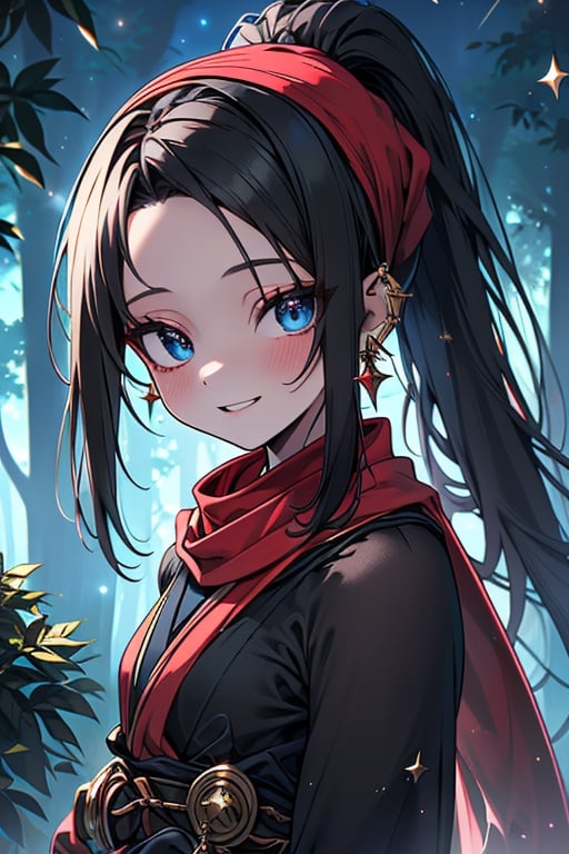 black hair, blue eyes, blue Kimono
 outfit with black edges, a red scarf with gold stripes, the edges have small golden touches, friendly face, a black spandex that covers her entire body, headscarf, killer, happy smile , bangs, in the forest at night, masterpiece, star earrings, detailed, high quality, absurd, the strongest human of all, bringer of the world's hope, hair in ponytail,black lycra.