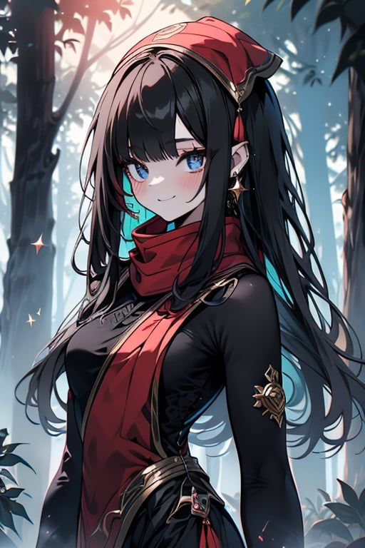 black hair,blue eyes,  light red qipao with black edges,, a red scarf with gold stripes, the edges have small golden touches friendly face, a black lycra that covers her entire body,  kerchief on her head, assassin, happy smile, fringe, in the forest at night,masterpiece, star earrings, detailed, high quality, absurd, the strongest human of all, bearer of the hope of the world.