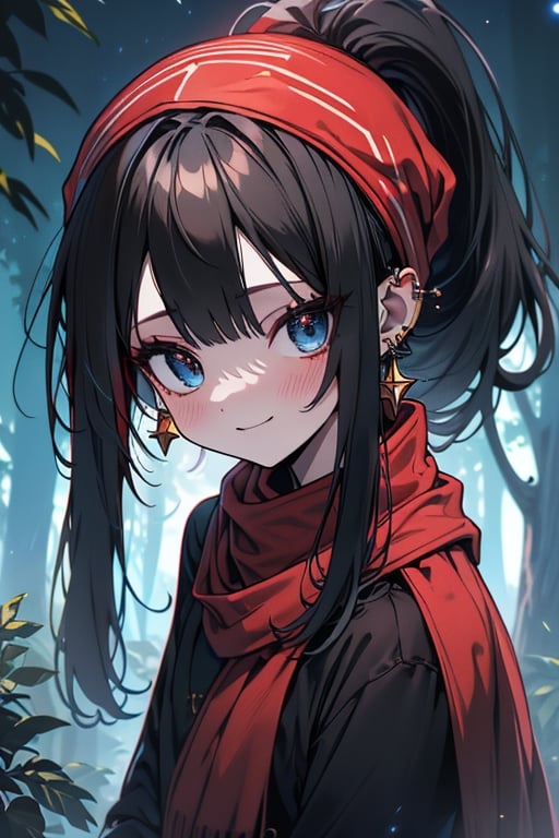 black hair, blue eyes, light red English dress with black edges, a red scarf with gold stripes, the edges have small golden touches, friendly face, a black lycra that covers her entire body, headscarf, killer, happy smile, bangs, in the forest at night, masterpiece, star earrings, detailed, high quality, absurd, the strongest human of all, bringer of the world's hope, hair in ponytail
