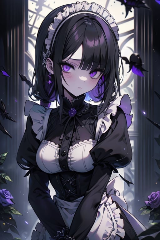 a puppet, a woman with a tall body, black hair, empty eyes, black rose patch on the left eye, maid outfit, purple eyes, perfect face, yandere, psychopath, corrodia, semi-central hive mind, medium breasts, masterpiece, very good quality, excellent quality, young,
 gothic, sculptor of souls, long hair, maid's headband, expressionless, lifeless.
