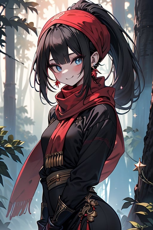 black hair, blue eyes, light red qipao with black edges, a red scarf with gold stripes, the edges have small touches of gold, friendly face, a black spandex that covers her entire body, headscarf, killer, happy smile, bangs , in the forest at night, masterpiece, star earrings, detailed, high quality, absurd, the strongest human of all, bringer of the world's hope, hair in ponytail.
