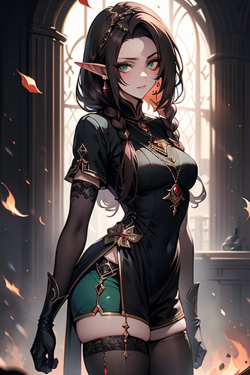 pointy ears,nobility dress, elegant, shorts, black tunic, green eyes, long hair with braids, boring eyes, serious, brown hair, masterpiece, good quality, very good quality, ancient princess, assassin, without hair bangs, high forehead, pure blood elf, noble, tall figure, woman with a proud attitude,small breasts, thin, small butt,black gloves, black pantyhouse.

,frieren