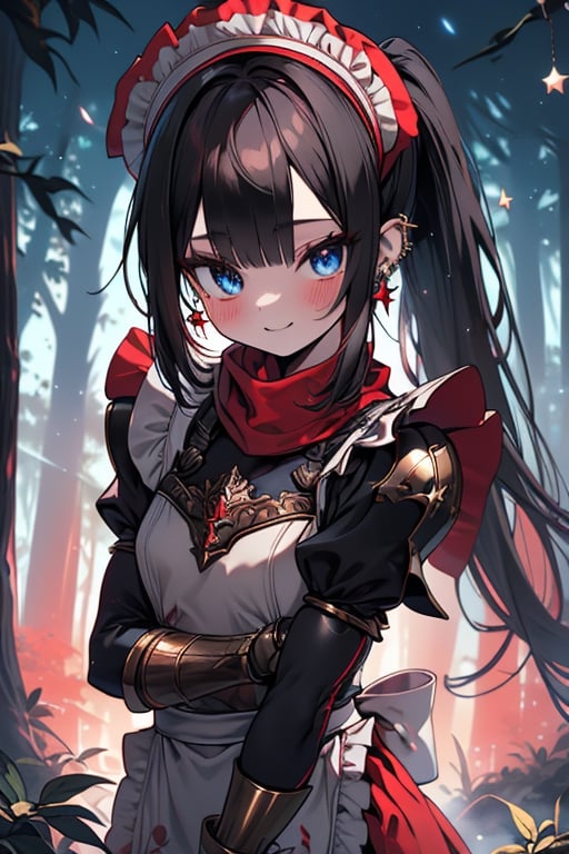 black hair, blue eyes, light red maid outfit with black edges, a red scarf with gold stripes, the edges have small golden touches, friendly face, a black spandex that covers her entire body, headscarf, killer, happy smile , bangs, in the forest at night, masterpiece, star earrings, detailed, high quality, absurd, the strongest human of all, bringer of the world's hope, hair in ponytail,Full armor, black breastplate.