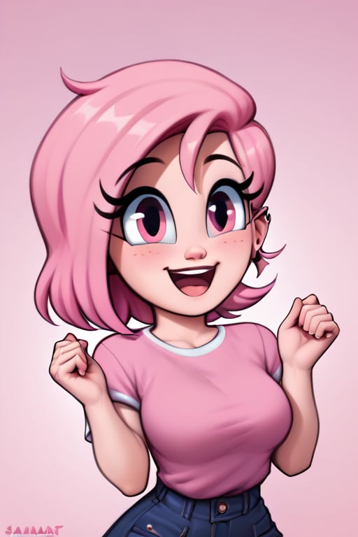 saymanart style, score_4_up, score_5_up, score_6_up, score_7_up, score_8_up, score_9, pink_hair, pink_eyes, medium_hair, medium_breasts, good_hands, good_face, happy, joyful, excited,