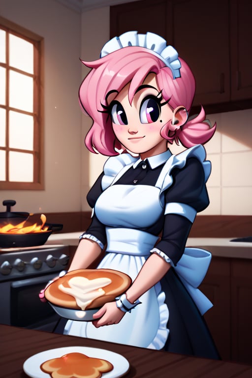 saymanart style, score_4_up, score_5_up, score_6_up, score_7_up, score_8_up, score_9, pink_hair, pink_eyes, medium_hair, medium_breasts, good_hands, good_face, maid_outfit, cooking, pancake,