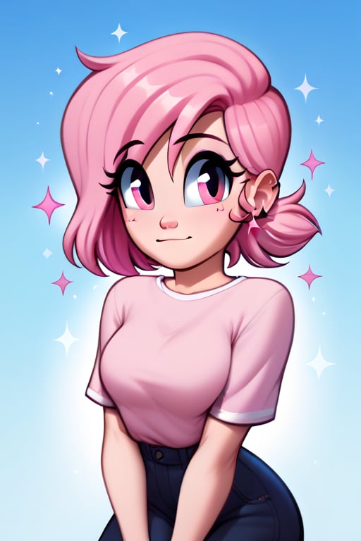 saymanart style, score_4_up, score_5_up, score_6_up, score_7_up, score_8_up, score_9, pink_hair, pink_eyes, medium_hair, medium_breasts, good_hands, good_face, sparkles, sparkling, sparkling daydream,