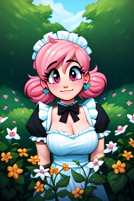 saymanart style, score_4_up, score_5_up, score_6_up, score_7_up, score_8_up, score_9, pink_hair, pink_eyes, medium_hair, good_hands, good_face, voluptous, curvy, maid_outfit, flowers, flora_fauna, 