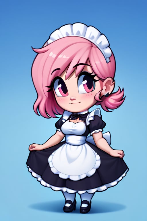 saymanart style, score_4_up, score_5_up, score_6_up, score_7_up, score_8_up, score_9, pink_hair, pink_eyes, medium_hair, medium_breasts, good_hands, good_face, maid_outfit, chibi, 