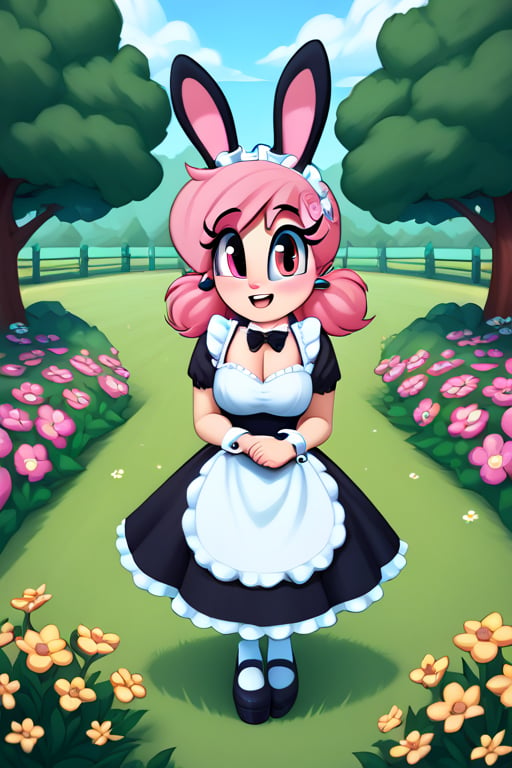 saymanart style, score_4_up, score_5_up, score_6_up, score_7_up, score_8_up, score_9, pink_hair, pink_eyes, medium_hair, good_hands, good_face, voluptous, curvy, maid_outfit, flowers, flora_fauna, bunnies, bunny,