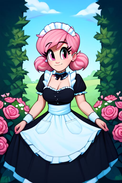 saymanart style, score_4_up, score_5_up, score_6_up, score_7_up, score_8_up, score_9, pink_hair, pink_eyes, medium_hair, good_hands, good_face, voluptous, curvy, maid_outfit, flowers, flora_fauna, 