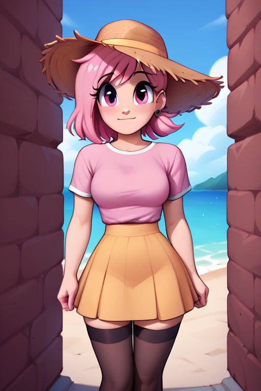 saymanart style, score_4_up, score_5_up, score_6_up, score_7_up, score_8_up, score_9, pink_hair, pink_eyes, medium_hair, medium_breasts, good_hands, good_face, black_stockings, yellow_skirt, pink_shirt, straw_hat,