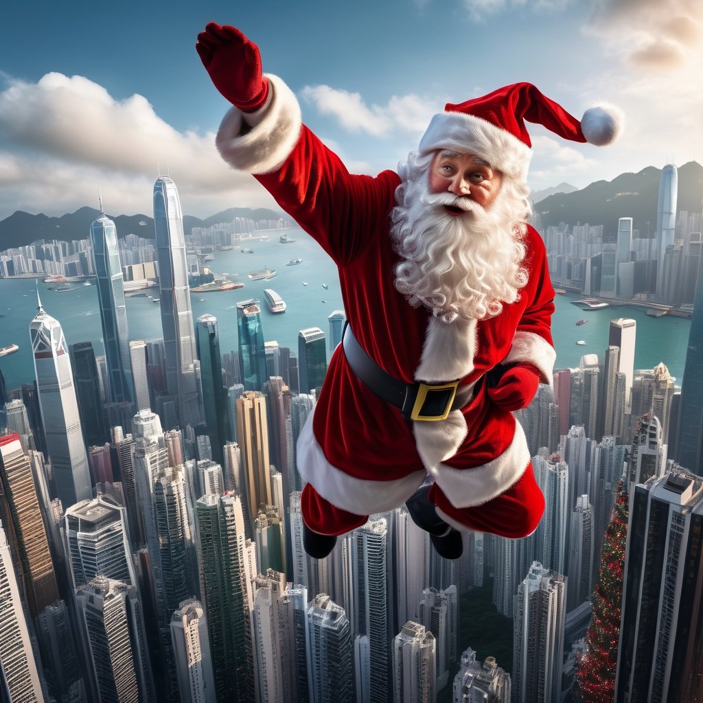  masterpiece of photorealism, photorealistic highly detailed 8k photography, best hyperrealistic quality, volumetric lighting and shadows, ((santa claus)) flying over hong kong,christmas,SANTA CLAUS