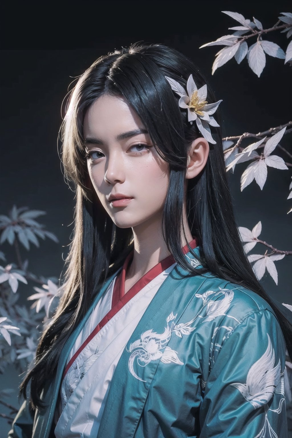 ultra detailed young man with long hair wearing detailed and intricate xianxia ancient clothes, in a detailed ginkgo garden, onmyoji portrait, glowy red smoke, illustration, traditional chinese art merged with art nouveau, ink lines, 32k resolution, best quality