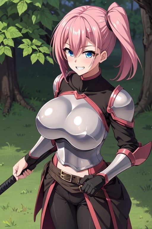  masterpiece, best quality, Ange, 1girl, solo, pink hair, single side_ponytail, blue eyes, smile , white teeth, large breasts, black underclothes, black body_suit, armor, out door, standing, holding weapons 