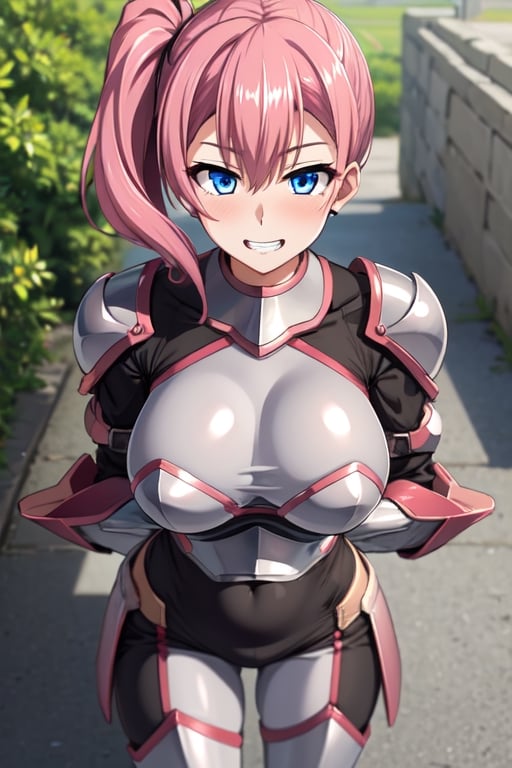  masterpiece, best quality, Ange, 1girl, solo, pink hair, single side_ponytail, blue eyes, smile , white teeth, large breasts, black underclothes, black body_suit, armor, out door, standing