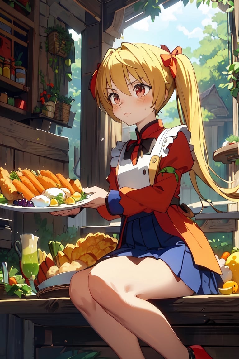 (1boy, solo, perfect, cute, masterpiece)(blush, short_sleeves, blonde_hair, long_hair, twin_tails, red dress, pleated_skirt, mini_skirt, red_eyes, closed_mouth, bare_legs, high_heel_sandals )(Thanksgiving turkey, carrot, food, orange_flower, grapes, bread, shrimp, leaf, plate, fried_egg, fish, bird, acorn, lemon, onion, holding_tray, baguette, tempura, syrup, basket, tray, vegetable, chicken, corn), forest, bush, best quality, sit on the grassland