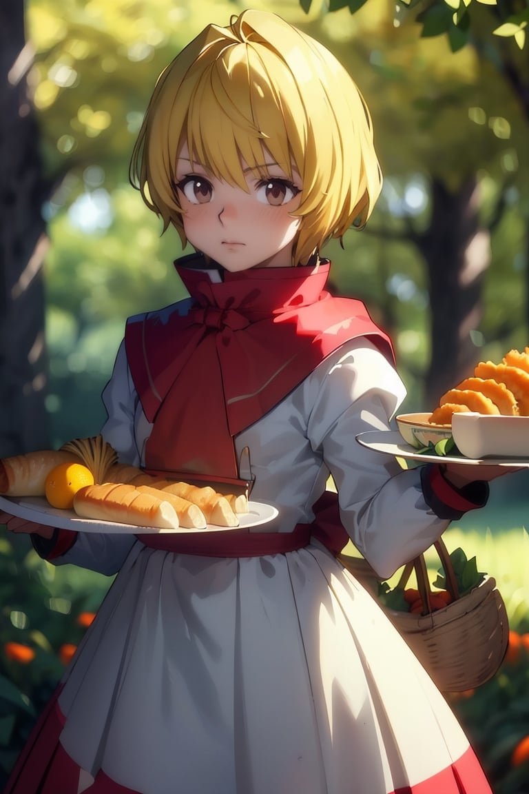 (1boy, solo, perfect, cute, masterpiece)(blush, long_sleeves, blonde_hair, little red riding hood, pleated_skirt, red_eyes, closed_mouth )(Thanksgiving turkey, carrot, food, orange_flower, grapes, bread, shrimp, leaf, plate, fried_egg, fish, bird, acorn, lemon, onion, holding_tray, baguette, tempura, syrup, basket, tray, vegetable, chicken, corn), forest, bush, best quality, kurapika