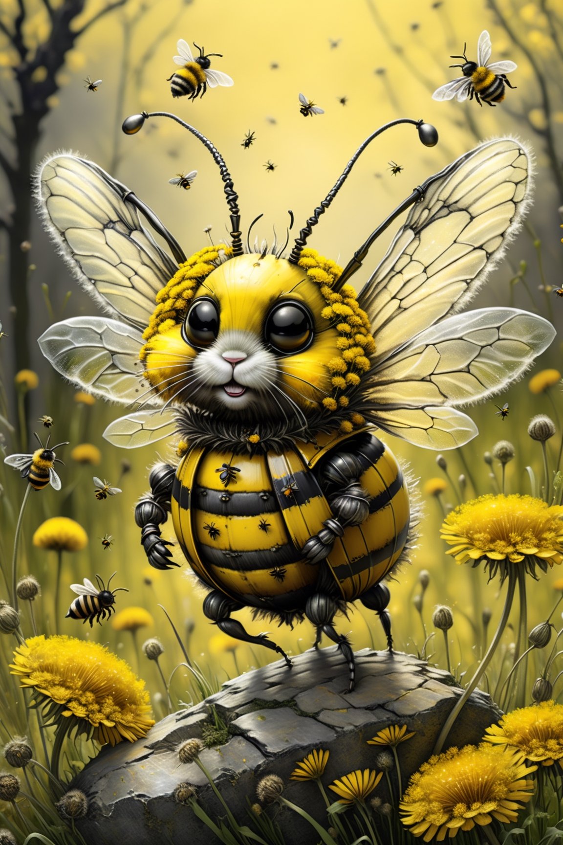  a creature that combines the delicate beauty of a bee with the cuteness of a bunny and a zombie (style of Jean Baptiste Monge). Its wings are made of shimmering chitin,  and its body is adorned with bold yellow and black stripes. It is flying through a surreal landscape,  reminiscent of Tim Burton's twisted imagination,  with Blowballs (dandelion blowballs:1.4) that seem to be straight out of a dream. (yellow black stripes:1.4),  (bunny eas and bee transparent chitin wings:1.4),  (photo HDR 8K) , painting magic,  (splendid environment of tensor art),  perfect contrast,  (correct sharp photorealistic environment),  (highly detailed bacgroung),  detailed,  (masterpiece,  best quality:1.3) chuppy_fat:2,  looking viewer,  (Ultrasharp,  8k,  detailed,  ink art,  stunning,  vray tracing,  style raw,  unreal engine),  High detailed,  Color magic,  Saturated colors,  game icon,