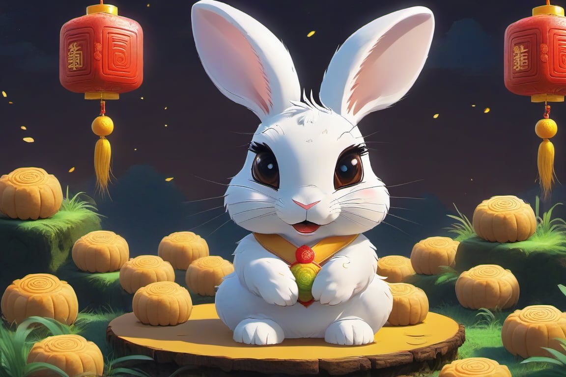 generate a cute furry rabbit, it has a big round eye and it is yellow colour, it is extremely cute and beautiful, mooncake festival backround, masterpiece