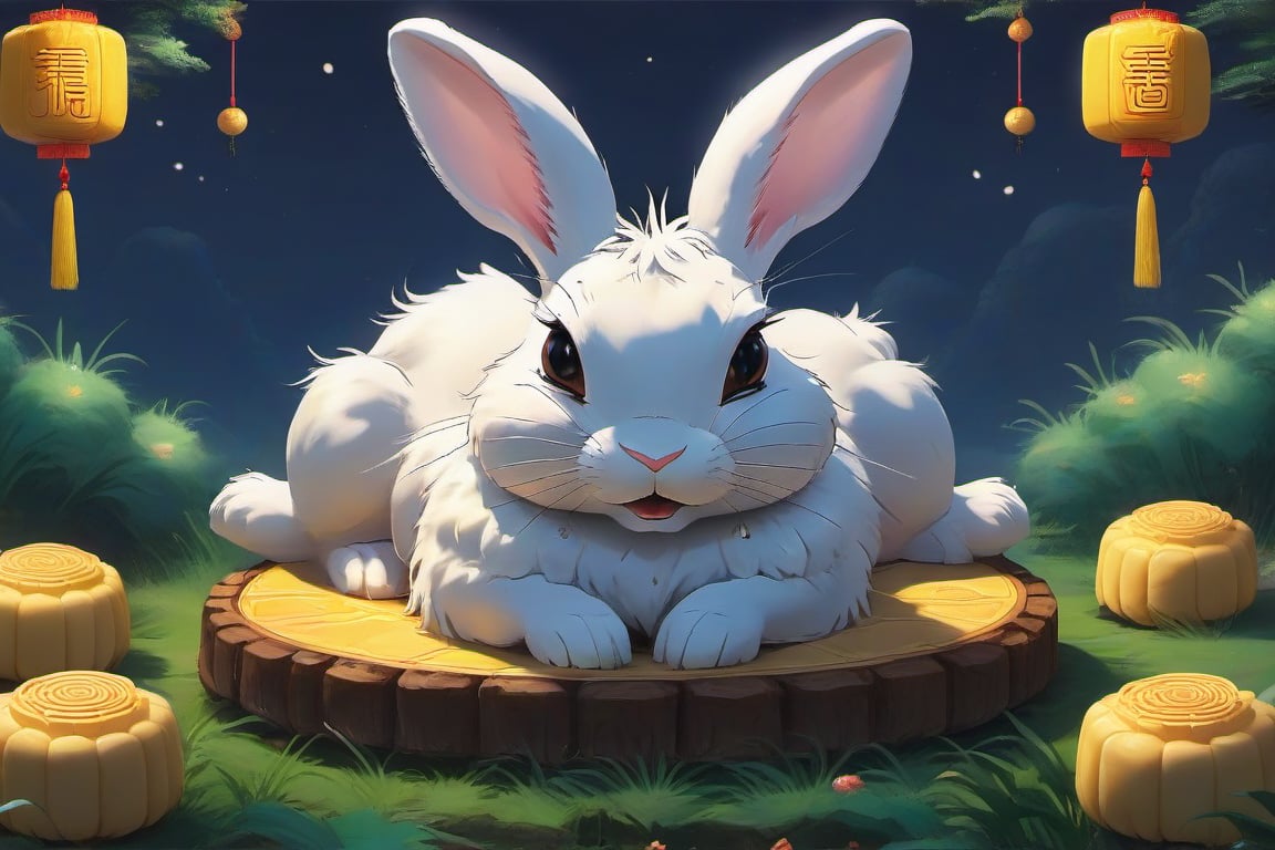 generate a cute furry rabbit, it has a big round eye and it is yellow colour, it is extremely cute and beautiful, mooncake festival backround, masterpiece,1rabbit,Arien view