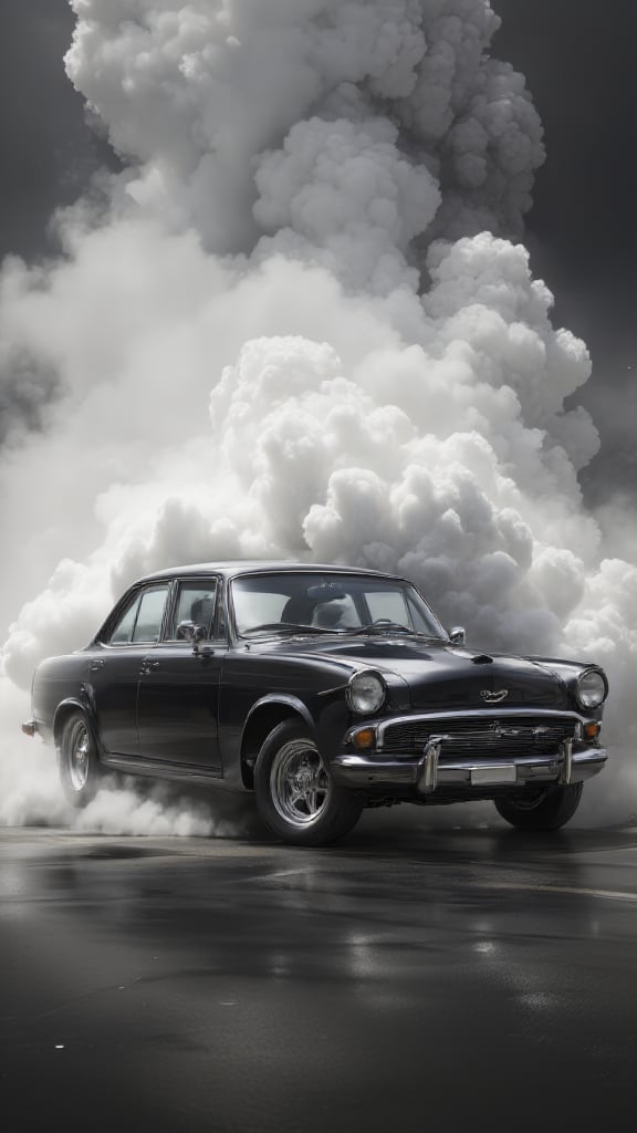 A black car with white smoke