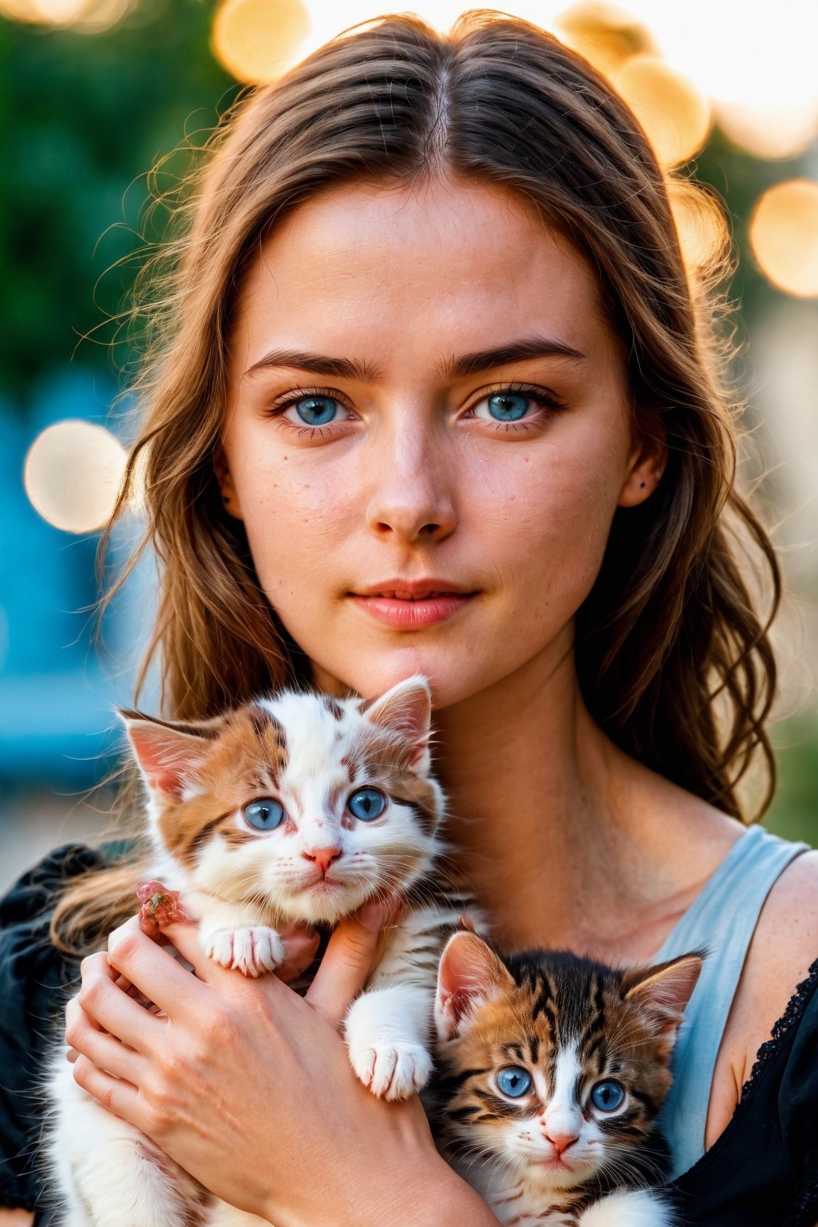 cinematic upper body photo a woman holding a kitten in her hands,  ((best best quality)),  ((masterpiece)) by Mr. Perfect...