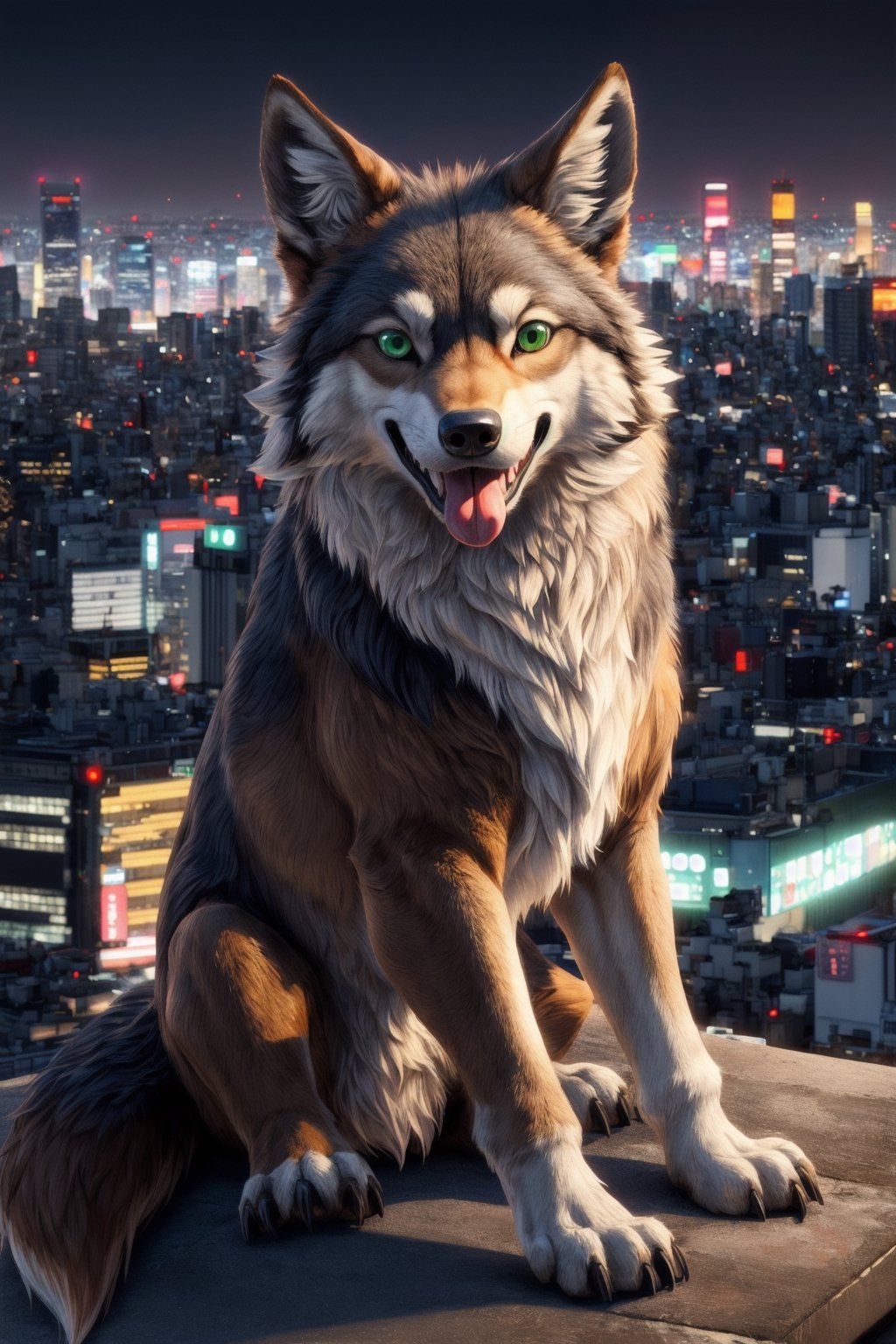 ((masterpiece, best quality:1.4)), bokeh, fluffy, 3d,
solo, looking at viewer, feral, wolf, full body, sitting, tongue out, smile, open mouth, 
light brown fur, green eyes,
long tail,
tokyo \(city\), city, city lights, night,