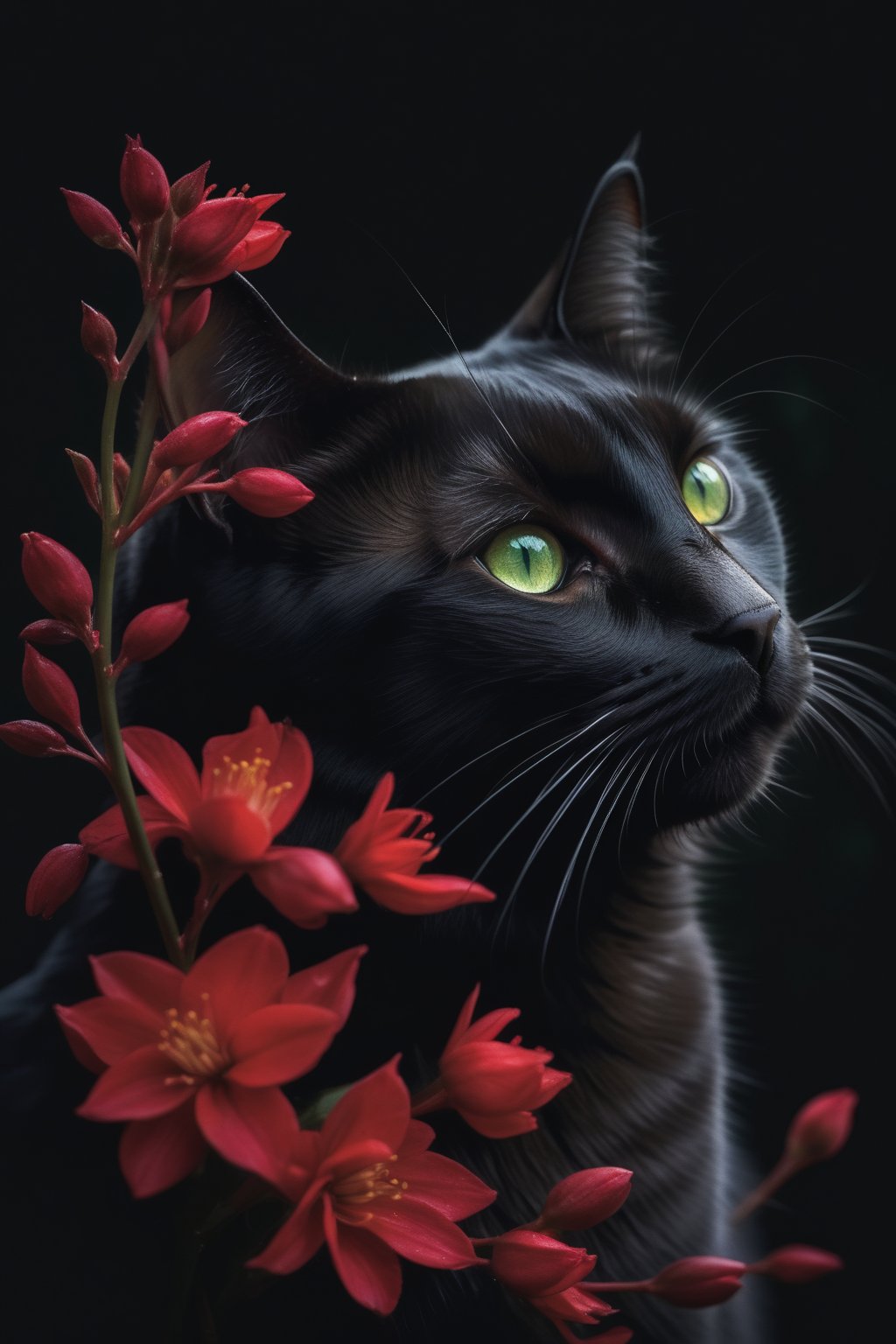 Watercolor style, watercolor, wet on wet, paintstreaks, watercolor painting, \nA A captivating close-up portrait of a black cat, depicted in stunning detail with velvety fur and piercing green eyes. The cat's profile is turned upward, revealing a mysterious and curious expression. Set against a dark background, the cat is surrounded by vibrant red flowers that delicately intertwine with its silhouette. The contrast between the dark and vibrant elements creates a sense of intrigue and allure, drawing the viewer into the enigmatic world of this feline subject. This illustration captures the essence of both feline elegance and the beauty of nature, making it a mesmerizing piece of artwork