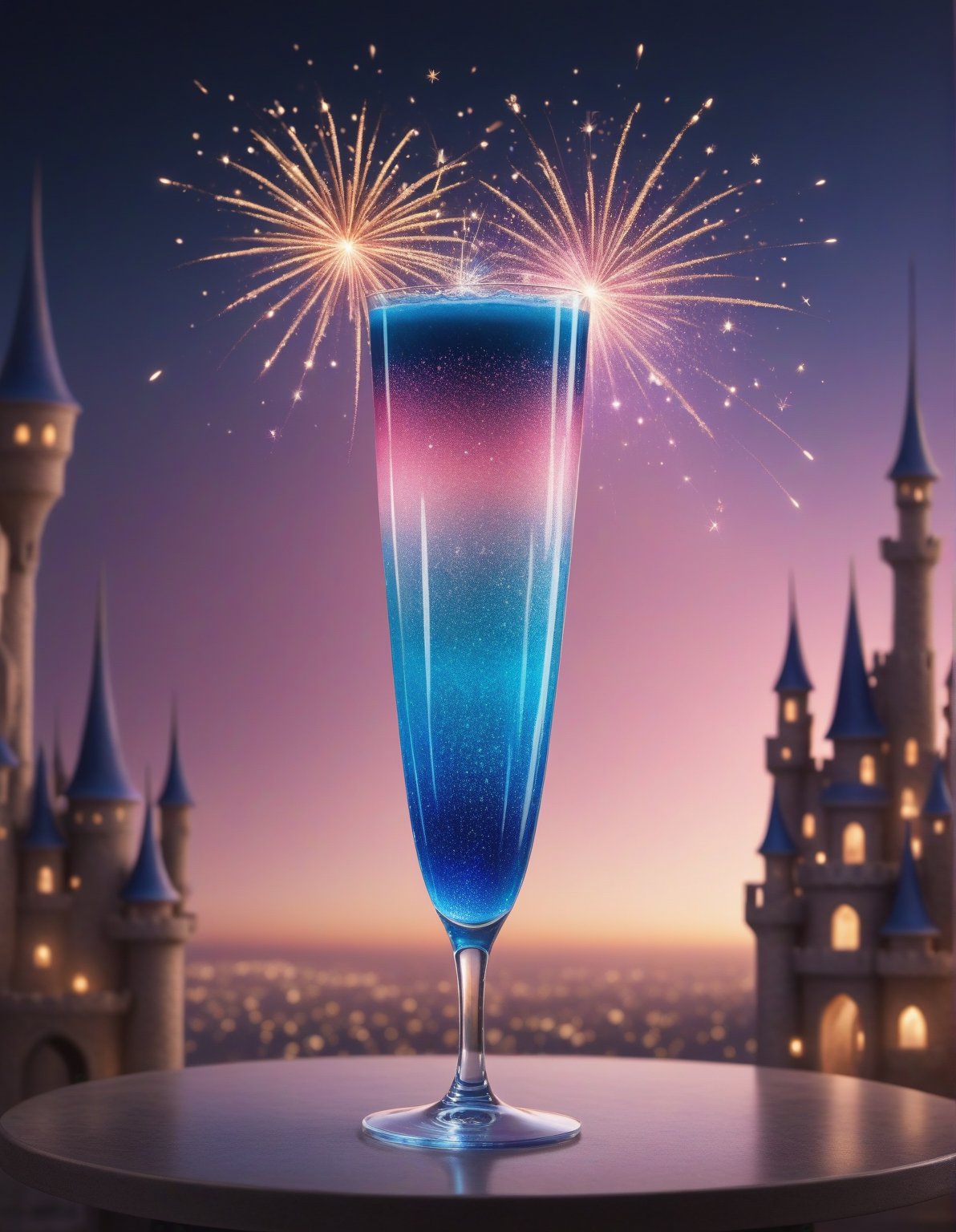 An enchanting scene featuring a tall glass of sparkling blue cocktail, where the liquid transforms into a magical fairy tale castle. The surface of the drink is a captivating blend of pastel pinks, soft blues, and shimmering golds, intricately populated with tiny towers and sparkling fireworks that illuminate the glass.