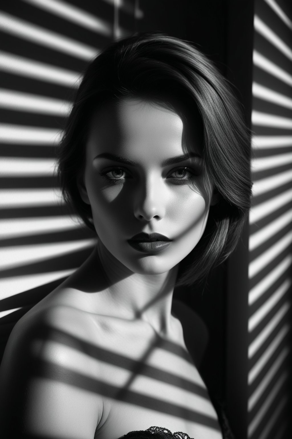 Create a black and white image of a female face partially covered by shadows cast by venetian blinds. The shadows from the blinds create diagonal light and dark lines crossing the face, particularly highlighting the eyes and lips. The facial expression is serious and enigmatic, with dramatic lighting that accentuates the contours and textures of the face. The image has high contrast, emphasizing the difference between light and shadow, and the composition is artistic and sophisticated
