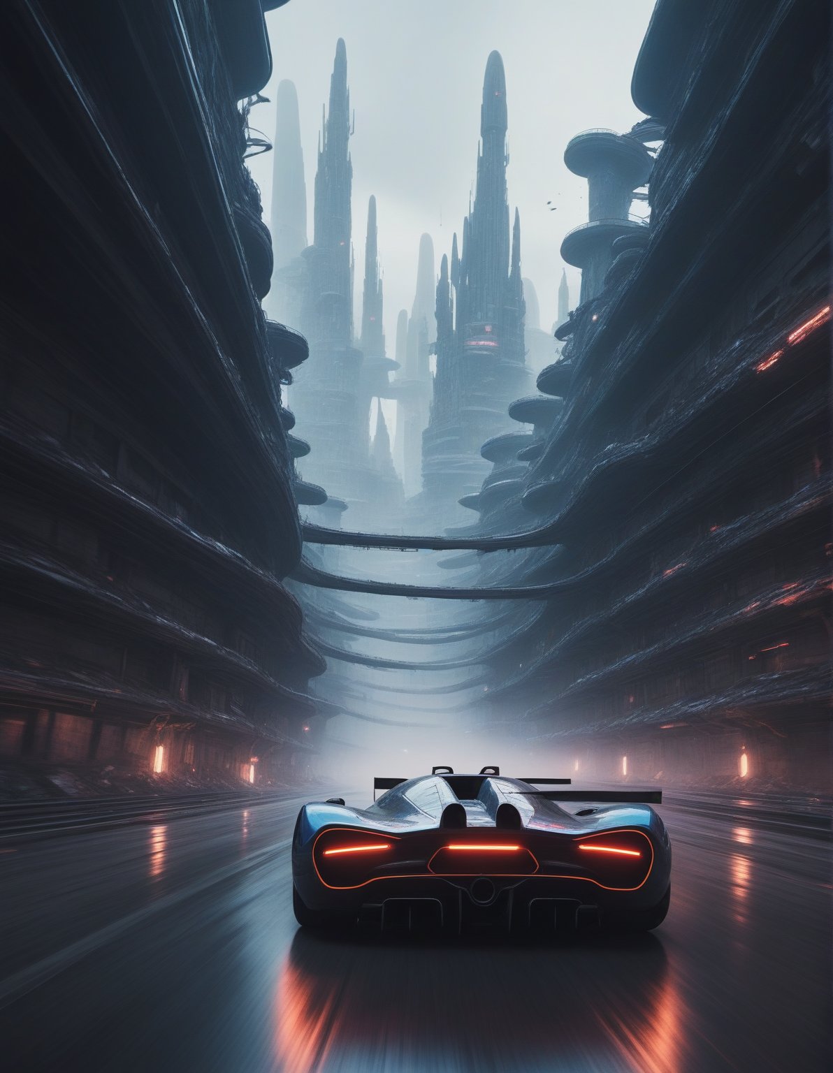 A futuristic F-Zero-style race car rockets down an impossibly twisted, gravity-defying racetrack in a dystopian, foggy District 9-inspired world. The view is from behind the sleek, geometrical vehicle as it speeds along a sci-fi racecourse, surrounded by crumbling Scibu architecture that rises like jagged towers through the haze. The track itself defies reality—parts are made of light, glowing with neon colors that cut through the greyish, dystopian atmosphere. Vibrant motion blurs as the car takes a sharp turn on the twisted track, where gravity seems irrelevant. Elements of the road hang in midair, spiraling into chaotic loops. Low-tone, moody colors dominate the scene, creating a surreal, dynamic action shot that feels both exhilarating and unsettling in its stark contrast of vibrant lights against the decayed, dystopian backdrop.